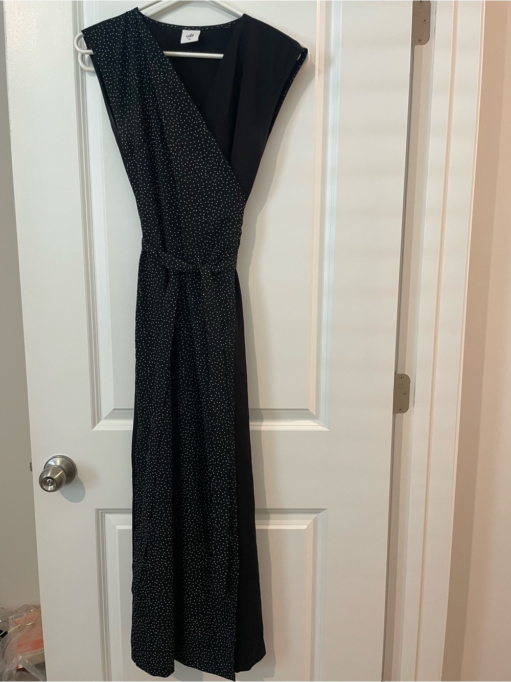 CAbi Disco Drss Sleeveless Black Polka Dot Wrap Maxi Dress
